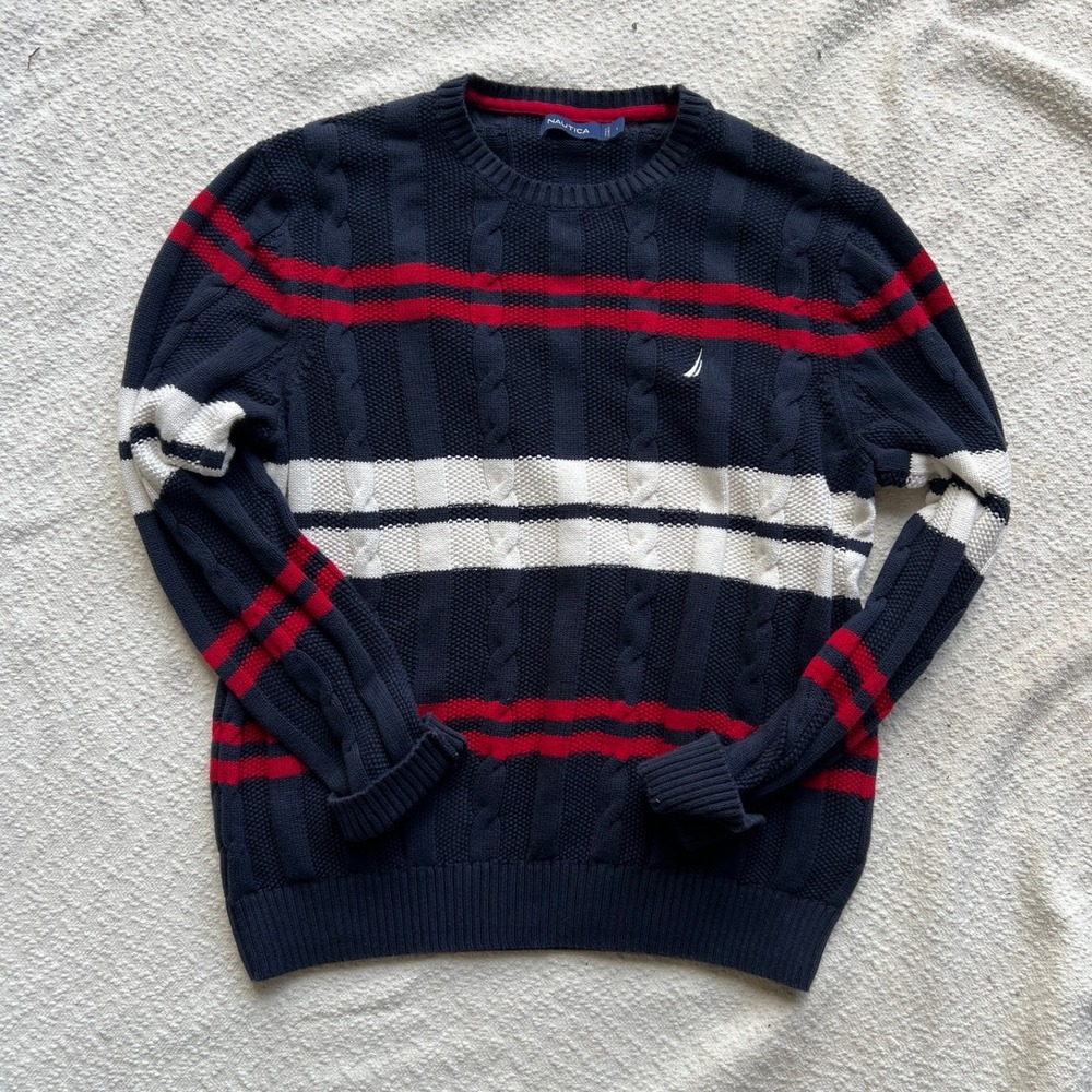 Nautica Mens Cable Knit Sweater Navy Blue Red White Striped Cotton Pullover L